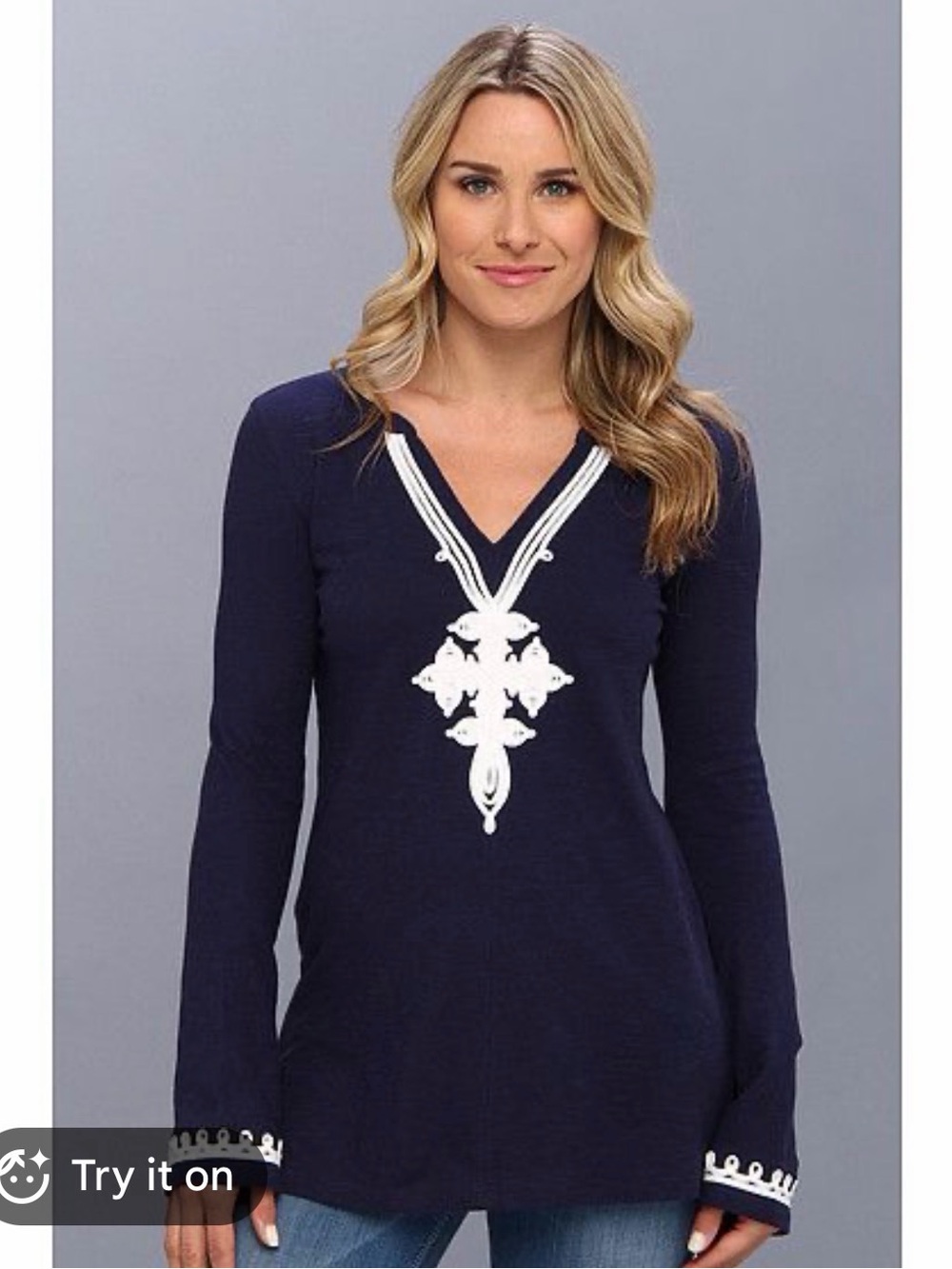 Lilly Pulitzer Navy Long-Sleeve V-Neck Tunic with White Embroidered Motif